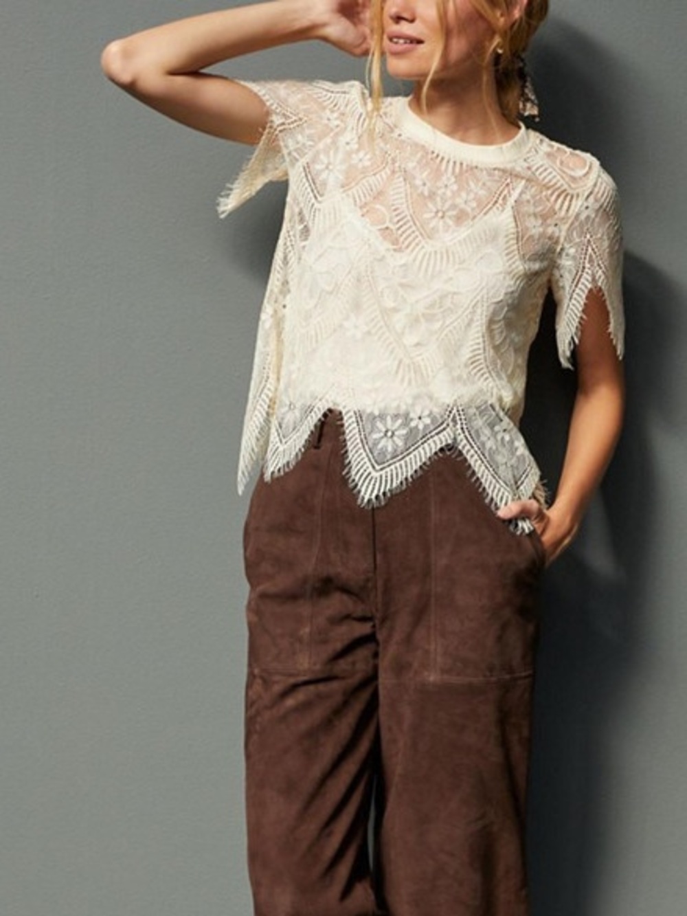 Bishop + Young Sheer Lace Blouse | Ivory Floral Lace | Scalloped Hem | Size Med - Picture 5 of 5